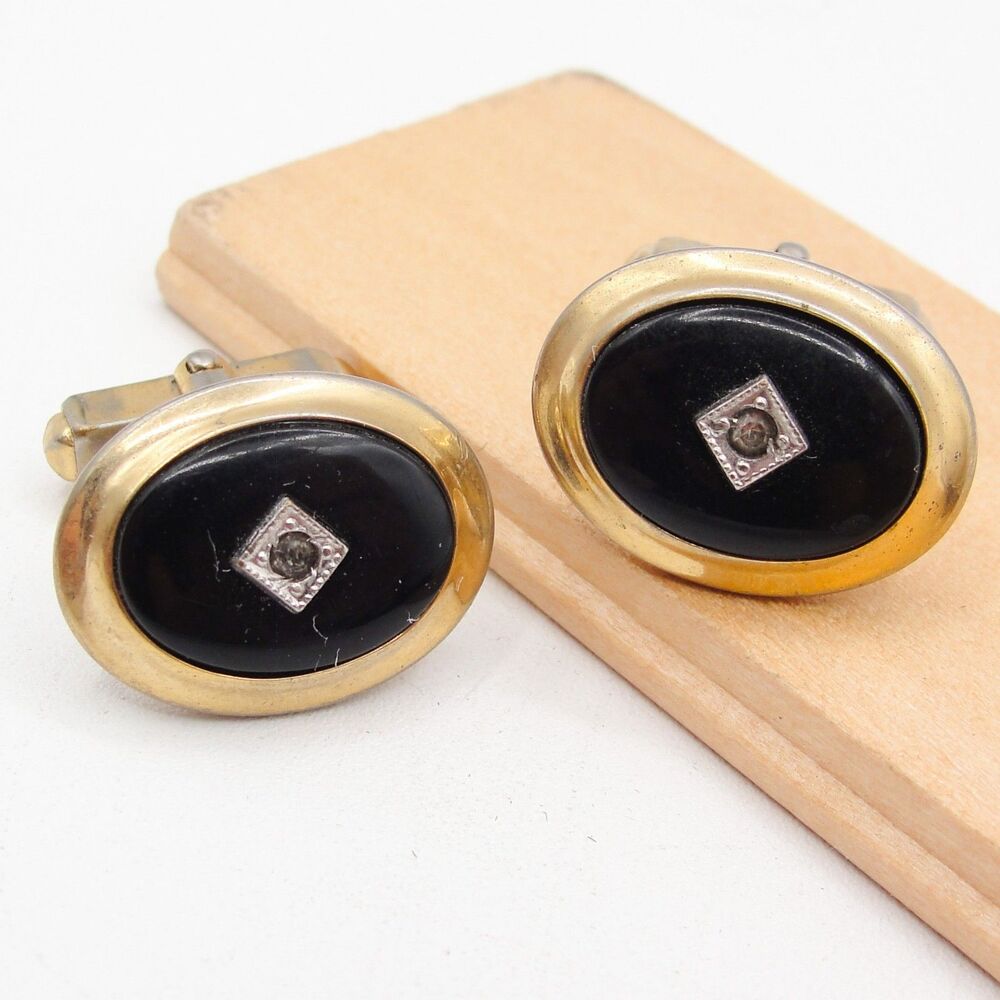 Vintage Anson Gold Tone Black Onyx Diamond Accent Cufflink Oval Retro MCM